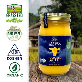 Spring Sunrise organic ghee jar close-up, highlighting pure cultured texture for cooking.