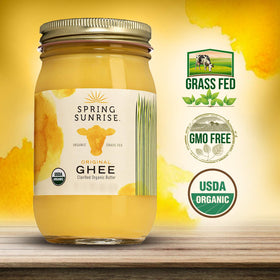 Organic grass-fed Spring Sunrise ghee with a rich golden hue