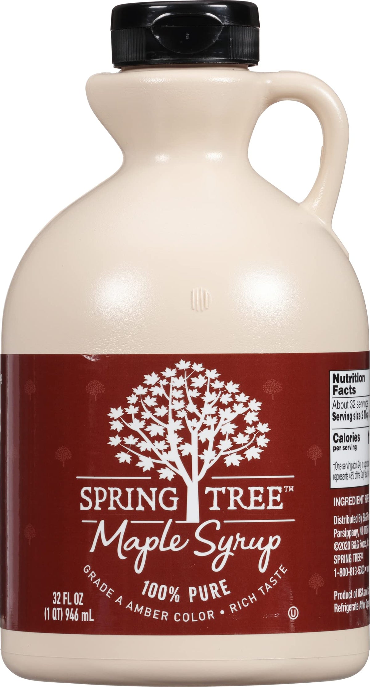 Spring Tree 100% Pure Maple Syrup bottle pouring amber syrup over pancakes for breakfast.