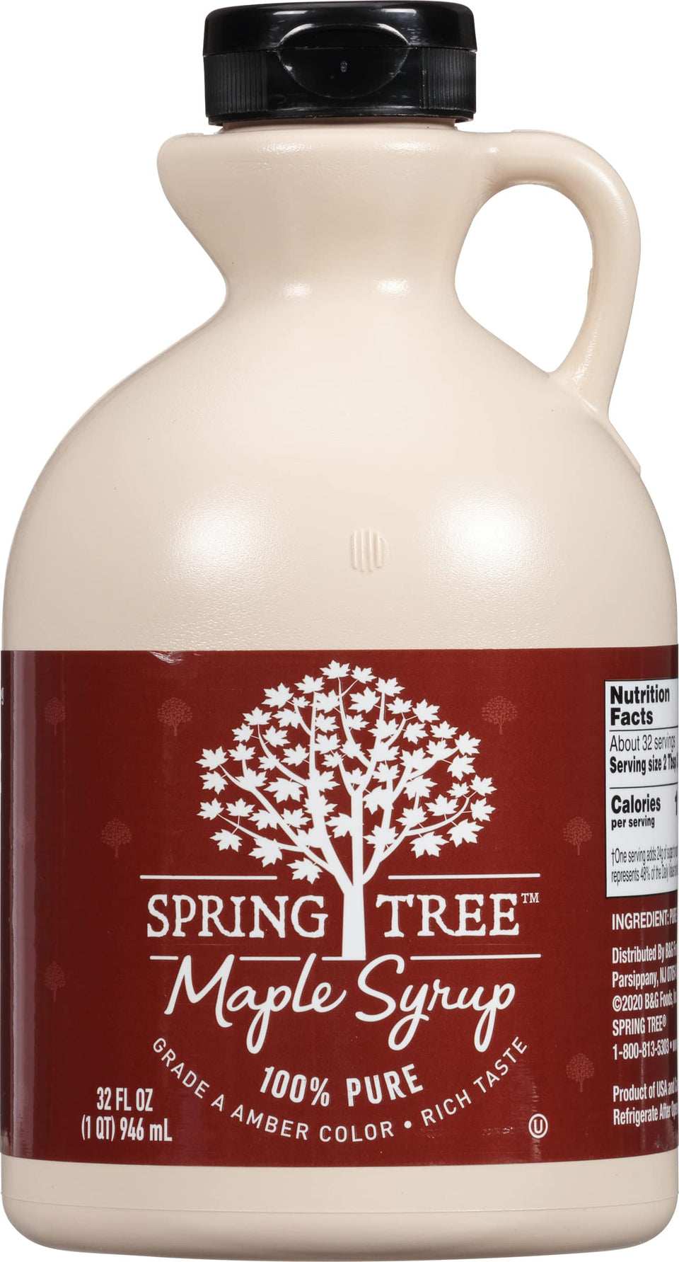 Spring Tree 100% Pure Maple Syrup bottle pouring amber syrup over pancakes for breakfast.