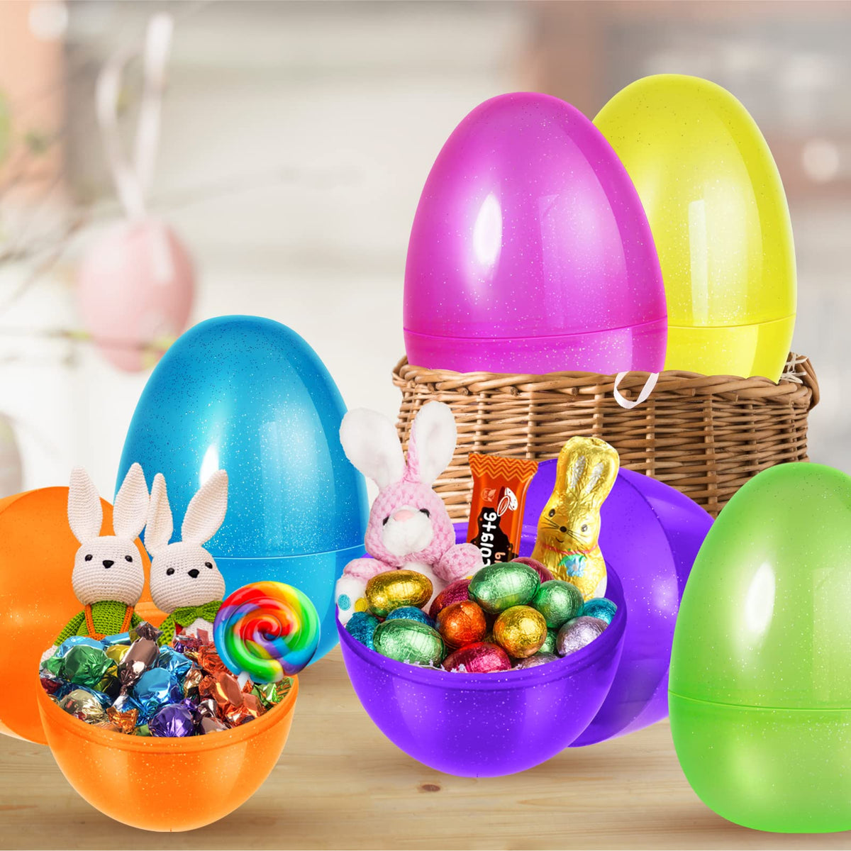 SpringFlower Easter basket stuffer eggs shown as party decor and gifts