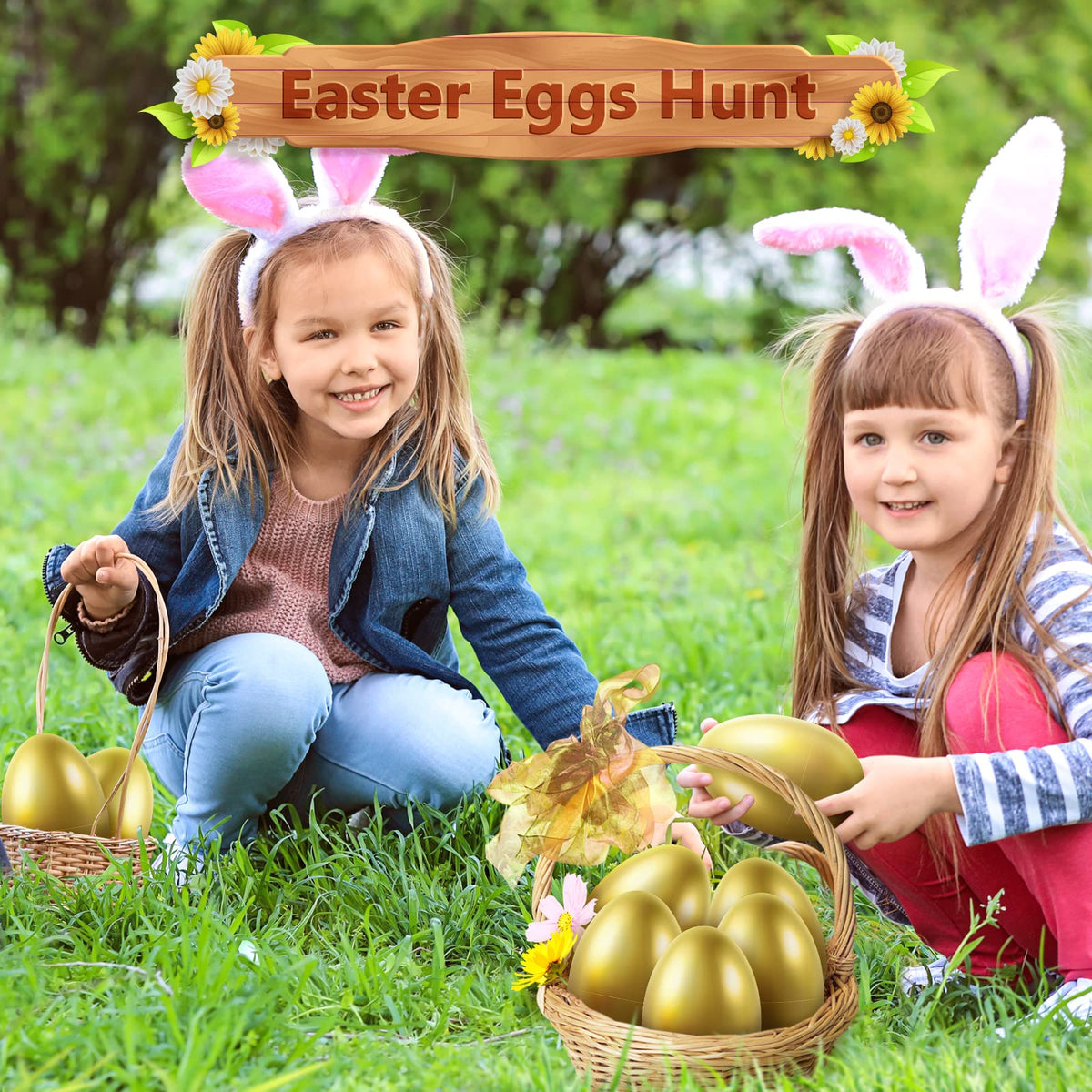 SpringFlower Easter egg hunt setup featuring large fillable eggs.