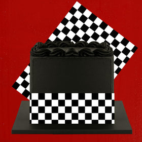 Sprinkle Deco flag-pattern wrap enhances tall cake presentation.