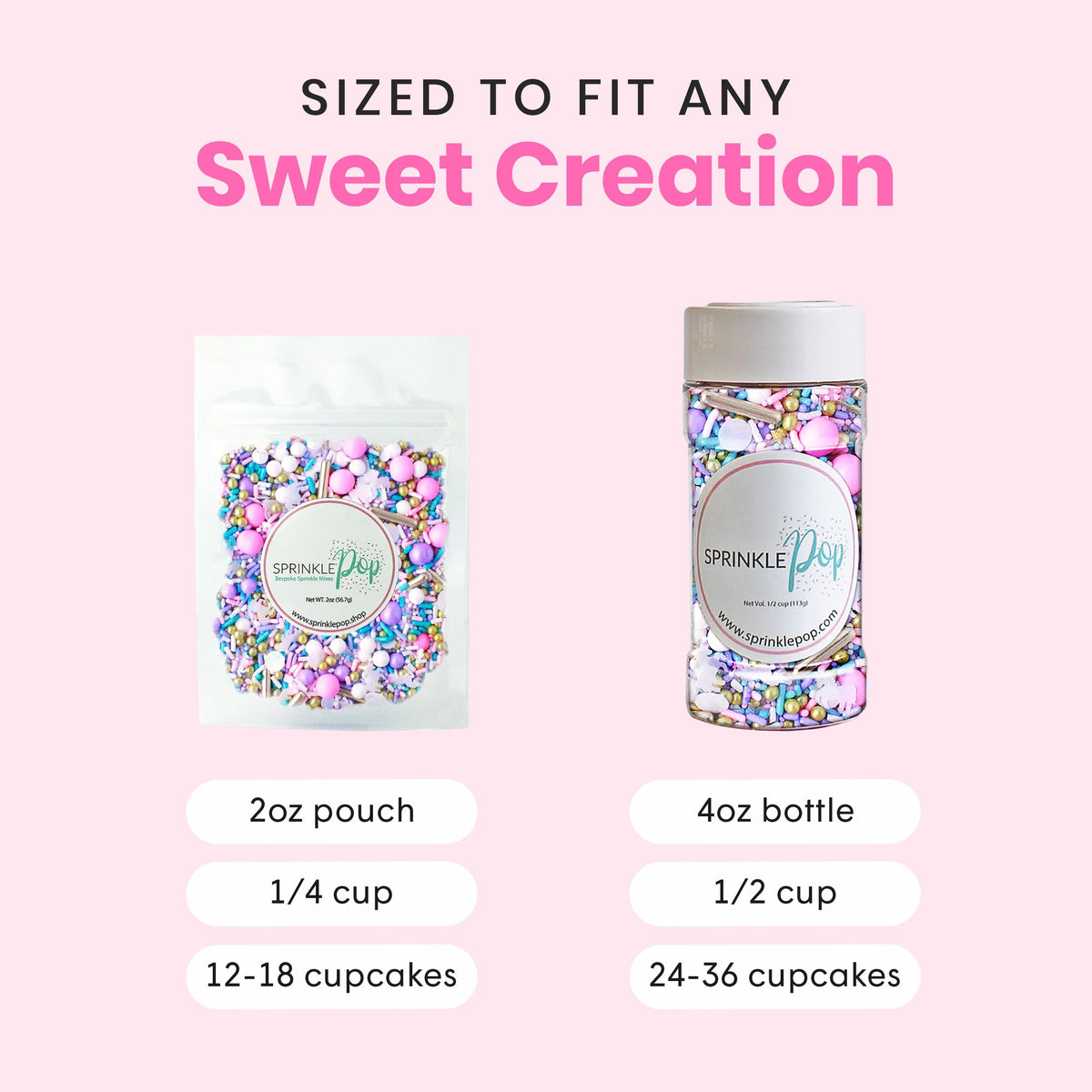 Sprinkle Pop 2oz decorates up to 18-24 cupcakes or more.