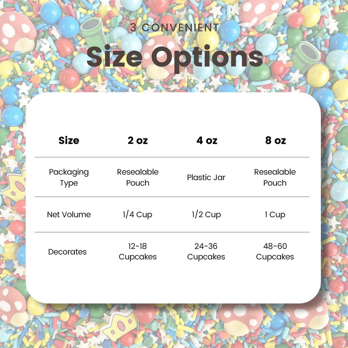 Sprinkle Pop Gamer 2oz option decorates dozens of cupcakes.