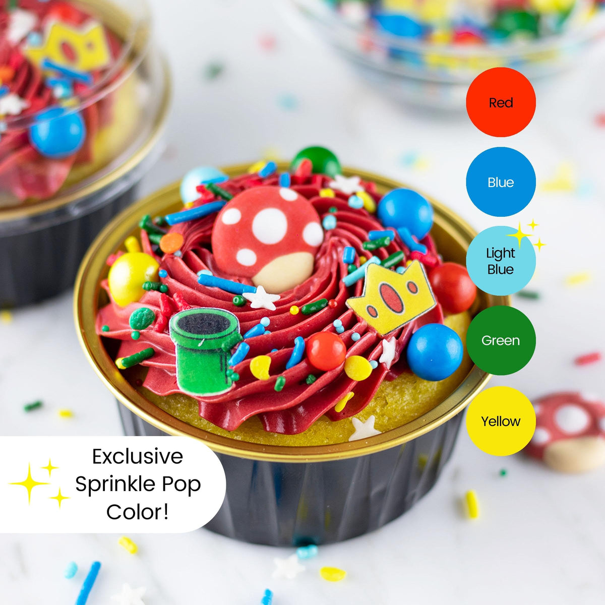 Sprinkle Pop Gamer mushroom caps and royal icing accents for whimsical toppers.