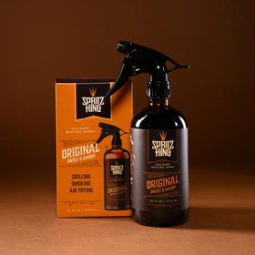 Spritz King dark bark on meat creating a flavorful crust.