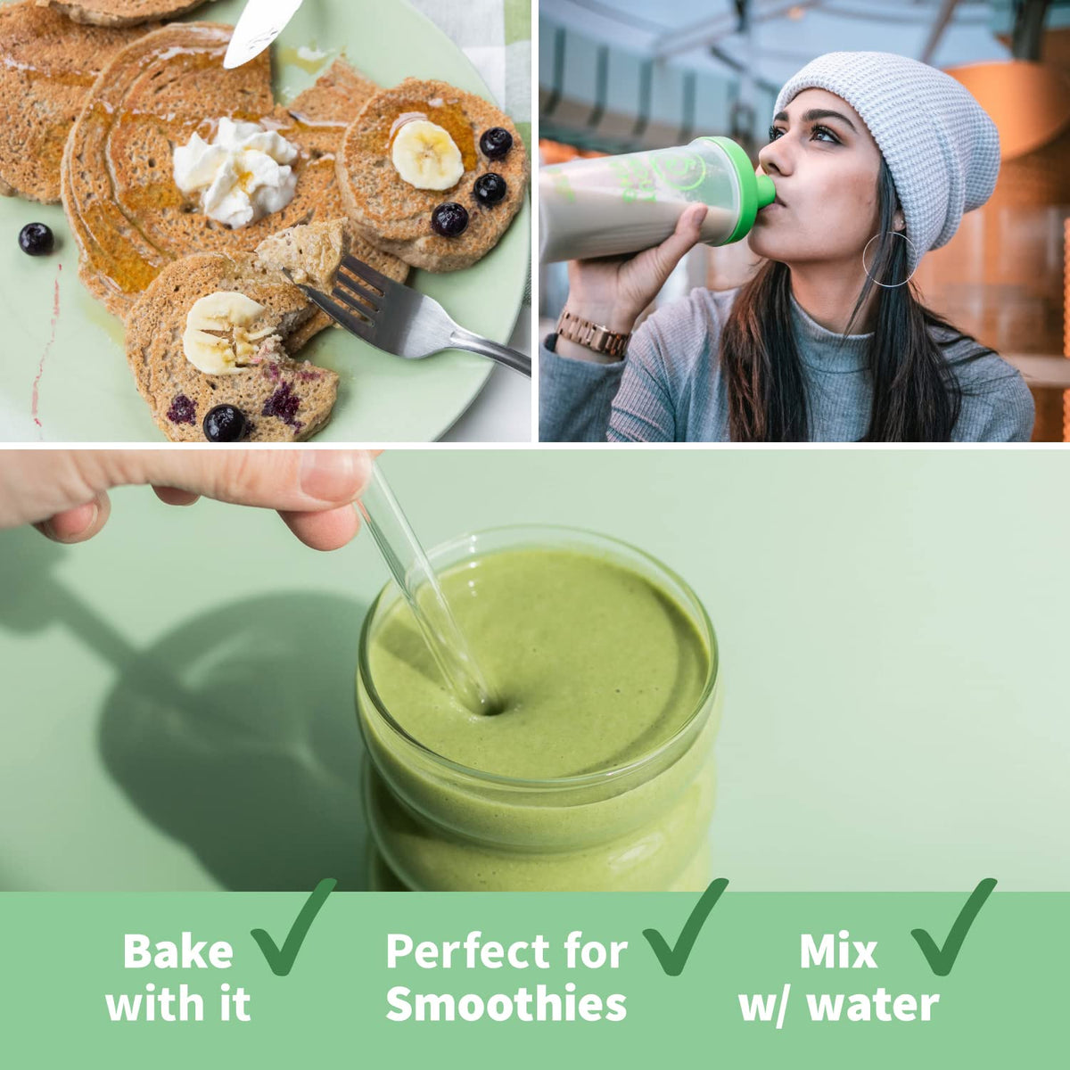 Sprout Living lucuma powder pours into a glass smoothie for a nutrient-rich boost.
