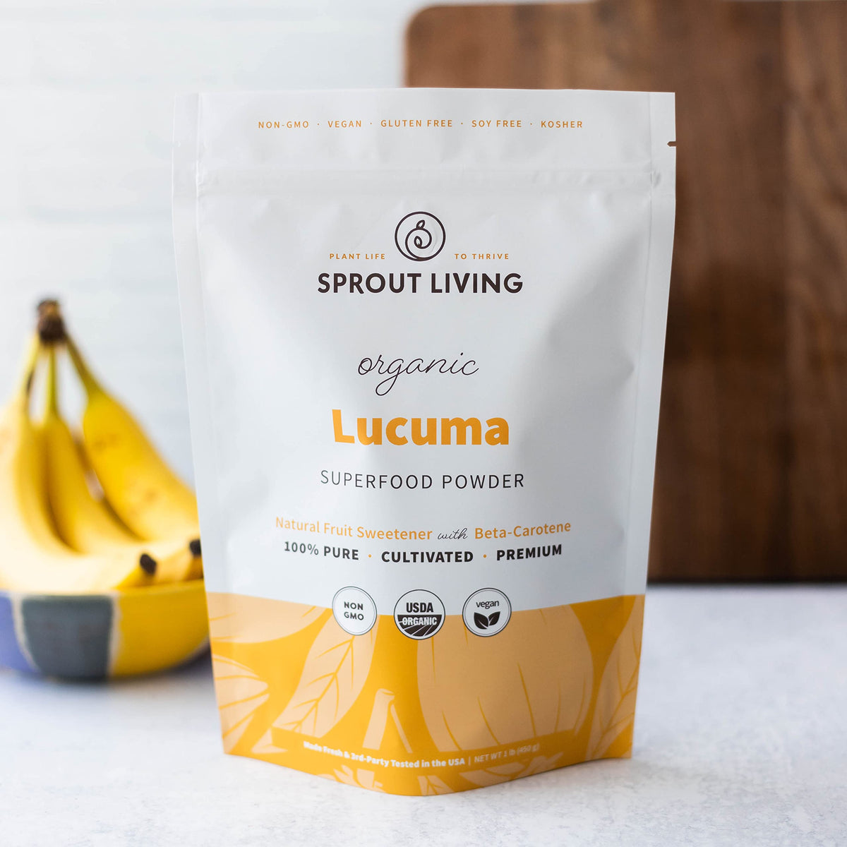 Sprout Living Peru-origin lucuma fruit on a shelf showcases premium powder quality.