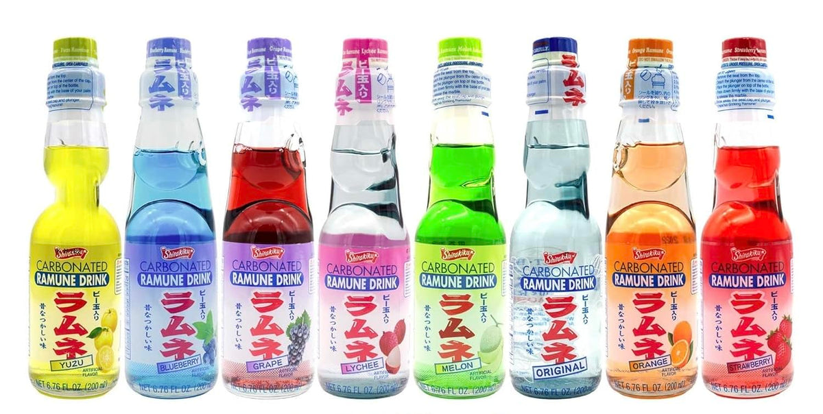 Sprout Talk Ramune variety-pack bottles in nostalgic glass, ideal for party gatherings.