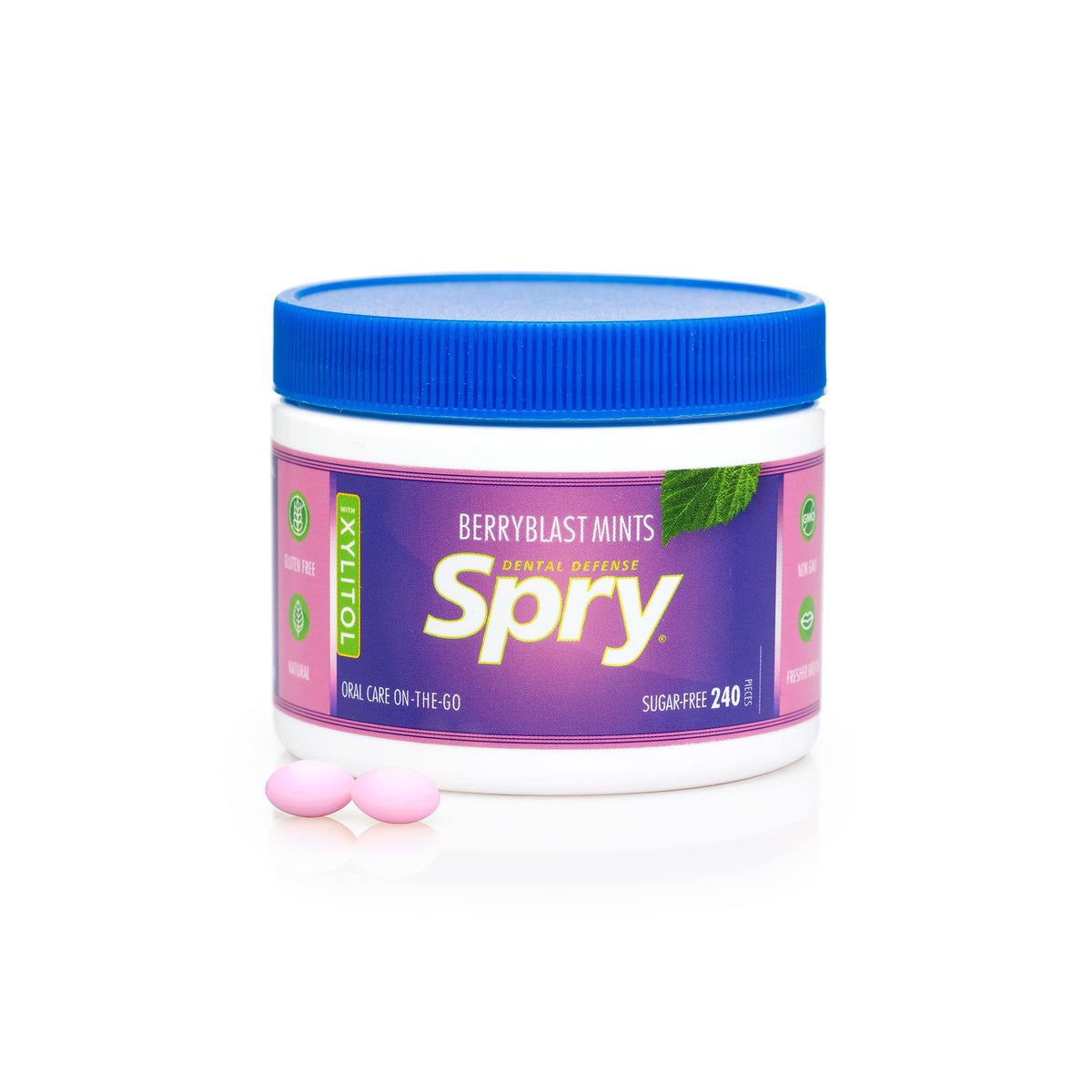 Spry Berry Blast mints – packaging highlights non-GMO and gluten-free.