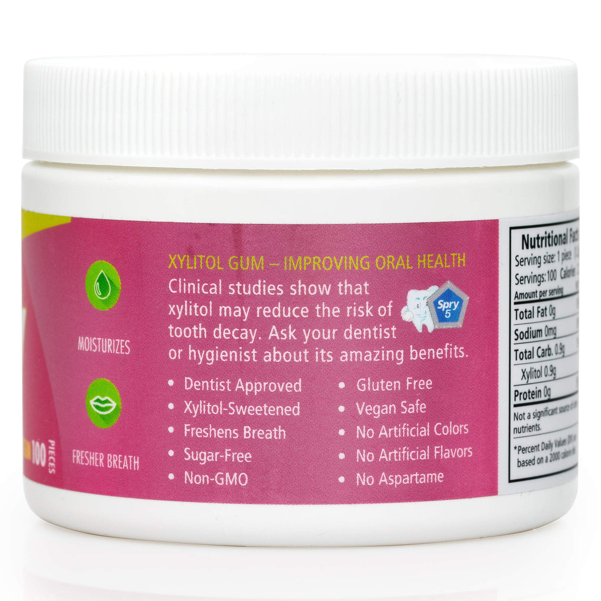 Open-pack view of Spry Bubble Gum for quick, sugar-free freshness.
