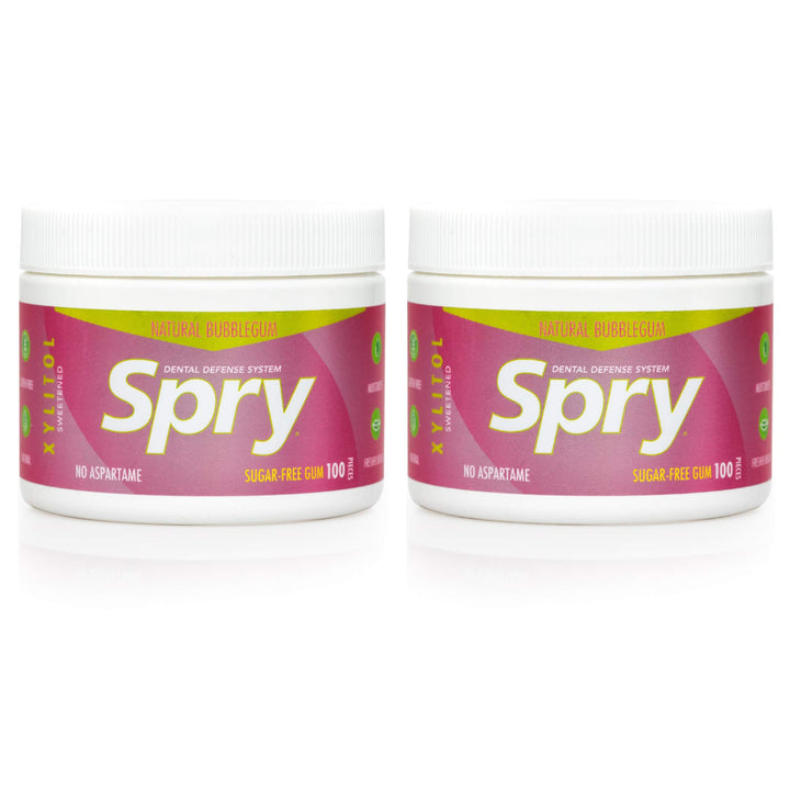 Spry Bubble Gum in a screw-top container for fresh breath on the go.