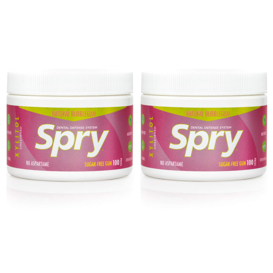 Spry Bubble Gum in a screw-top container for fresh breath on the go.
