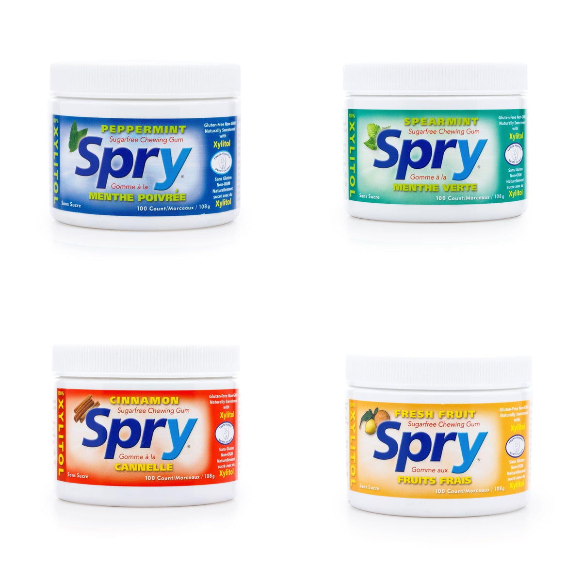 Spry Non-GMO gluten-free label on gum pack emphasizing clean ingredients.