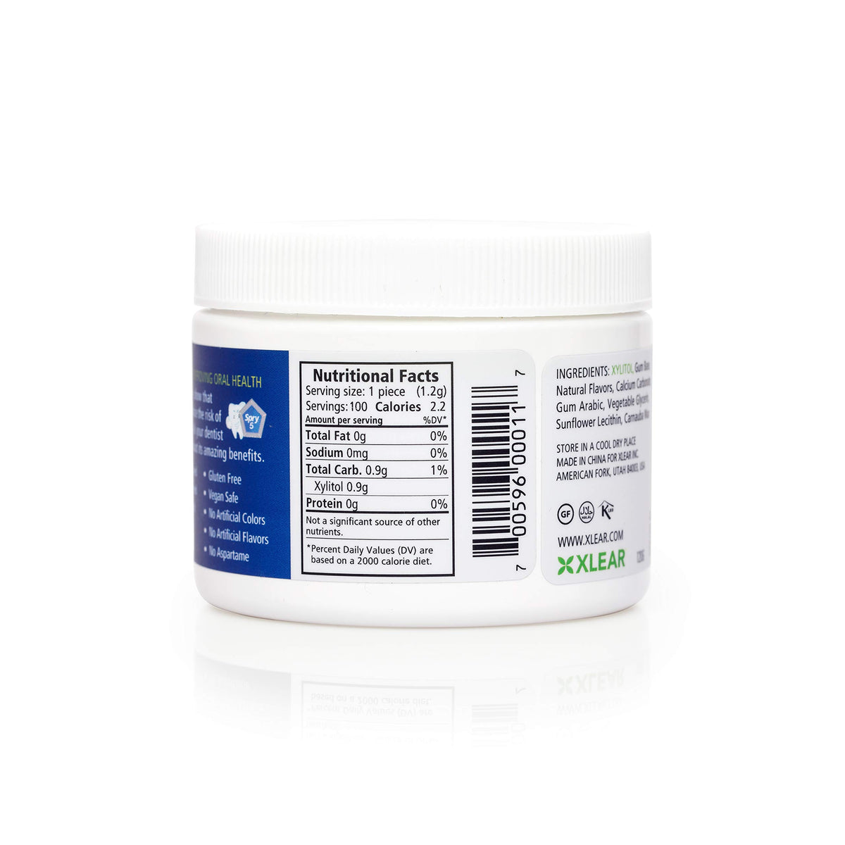 Spry Xylitol gum shows sugar-free, aspartame-free formulation.
