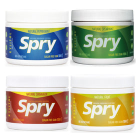 Spry Fresh Natural Xylitol Gum variety pack open, on-the-go freshness with a screw-on lid.