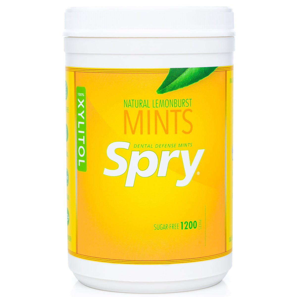 Spry Xylitol Lemon Burst Mints package close-up for fresh breath on the go.