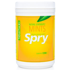 Spry Xylitol Lemon Burst Mints package close-up for fresh breath on the go.