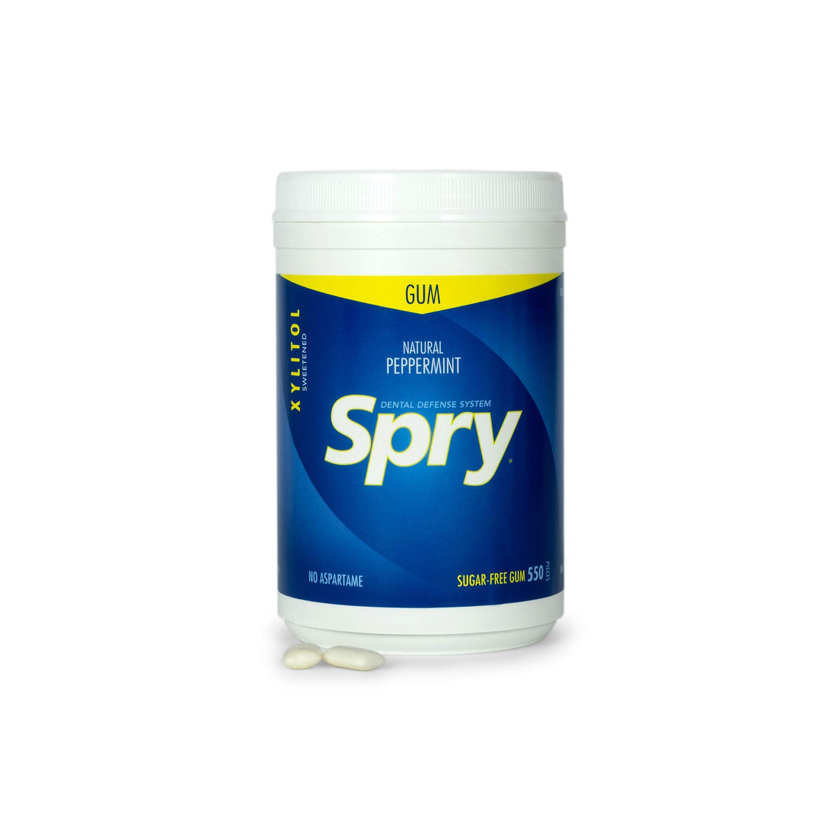 Spry Peppermint xylitol gum pack with screw-on lid for on-the-go freshness.
