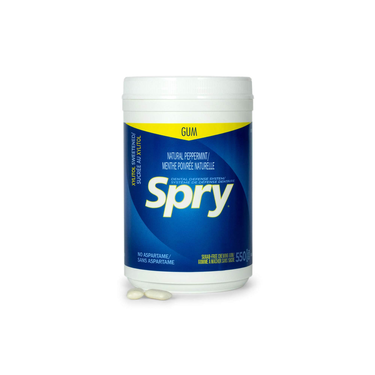 Close-up of Spry gum pieces showing xylitol-based formula.