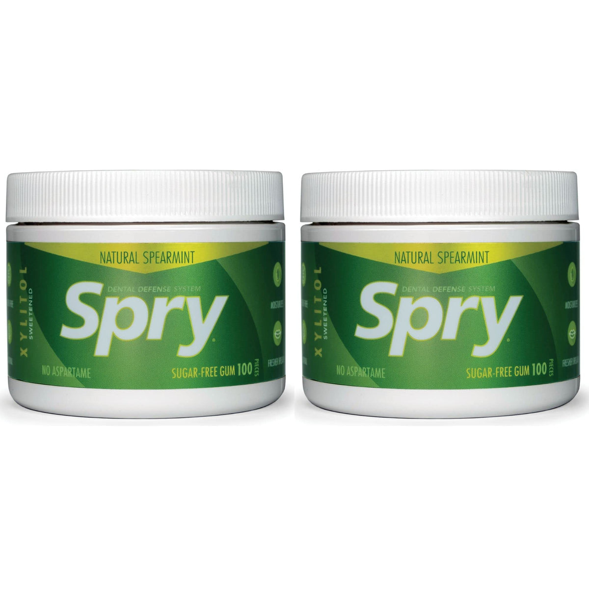 Spry spearmint xylitol gum packaging with a screw-on lid for on-the-go freshness.