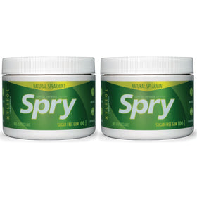 Spry spearmint xylitol gum packaging with a screw-on lid for on-the-go freshness.