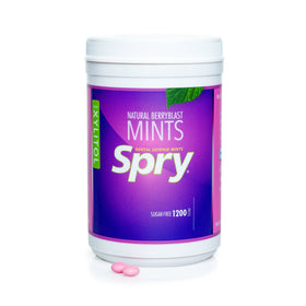 Spry Xylitol Berry Blast Mints bag open displaying natural berry flavor and no artificial colors