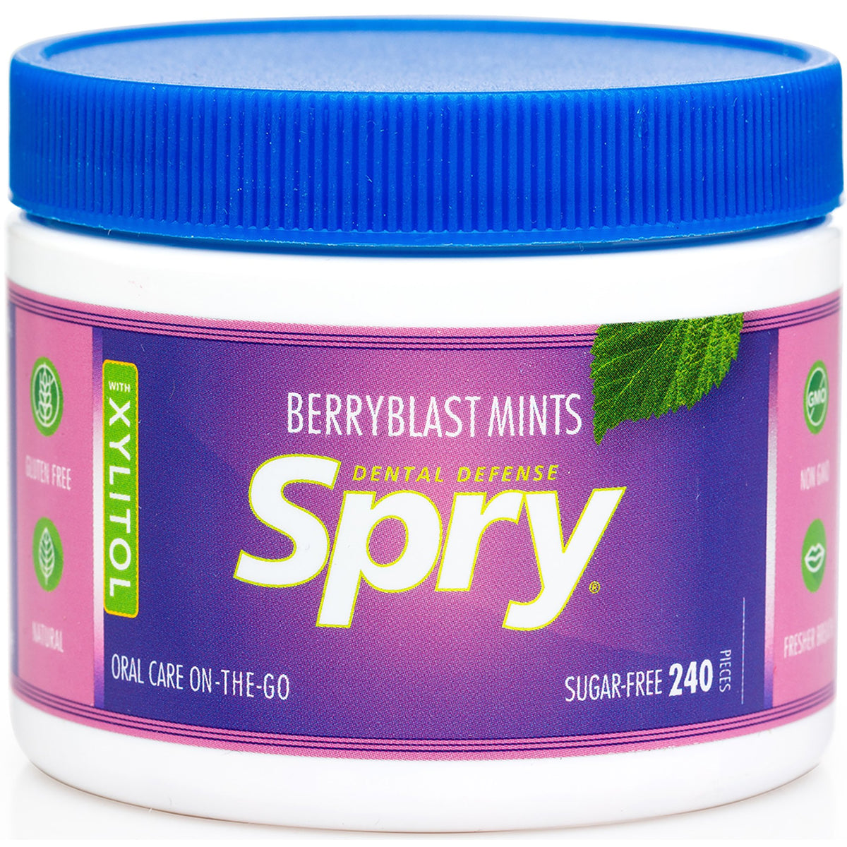 Spry Xylitol Berry Blast mints – close-up showing candy texture and flavor.