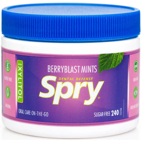 Spry Xylitol Berry Blast mints – close-up showing candy texture and flavor.