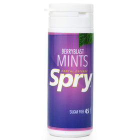 Spry Xylitol Berry Blast Mints close-up, natural berry taste in a compact on-the-go treat