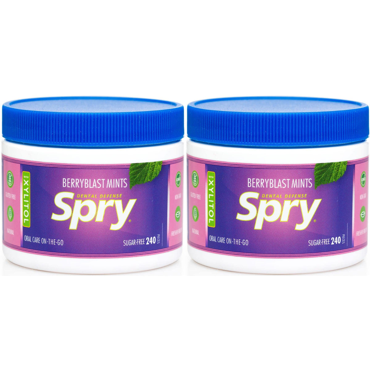 Spry Xylitol Berry Blast mints – front of pack, sugar-free breath freshener.