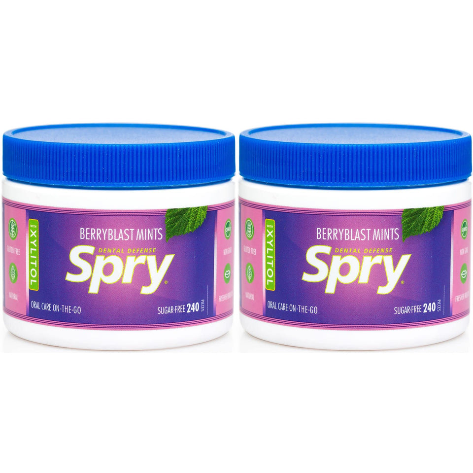 Spry Xylitol Berry Blast mints – front of pack, sugar-free breath freshener.