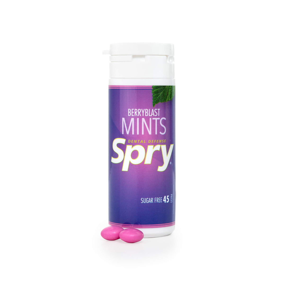 Spry Xylitol Berry Blast Mints on desk, easily accessible sugar-free candy option