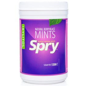 Spry Xylitol Berry Blast Mints close-up pack showing sugar-free formula for fresh breath