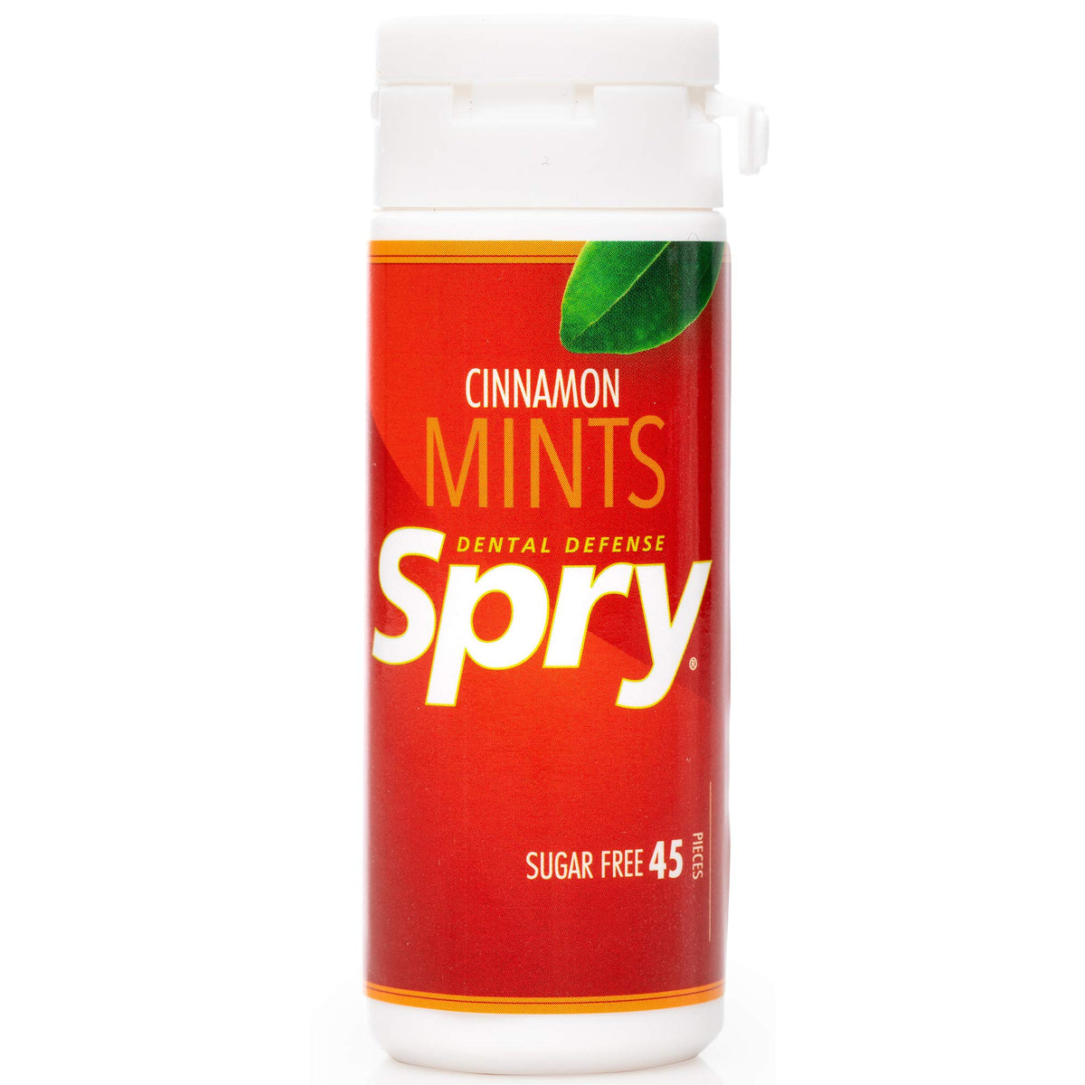 Close-up of Spry mints highlighting natural cinnamon flavor and clean ingredients.