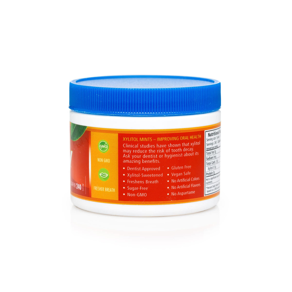 Spry Xylitol Cinnamon Mints close-up texture—smooth, cinnamon-scented mint.