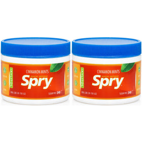 Spry Xylitol Cinnamon Mints jar front—sugar-free breath freshener after meals.