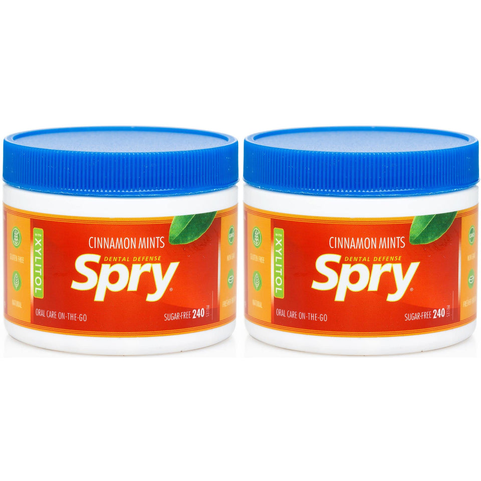 Spry Xylitol Cinnamon Mints jar front—sugar-free breath freshener after meals.