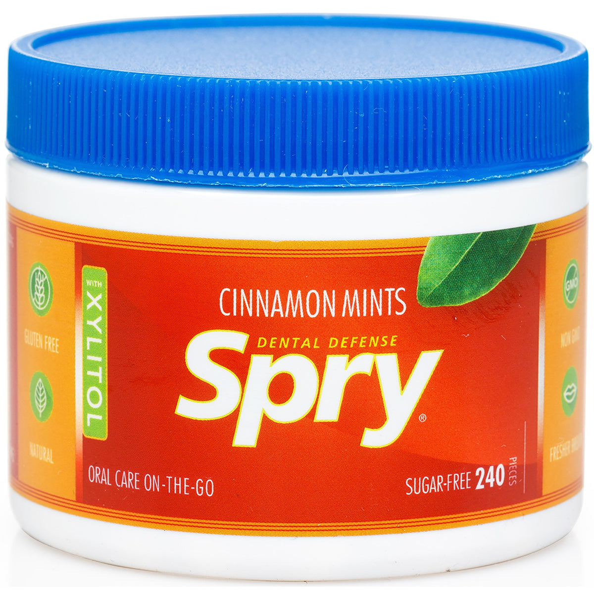 Spry Xylitol Cinnamon Mints jar label—non-GMO and gluten-free option for daily use.