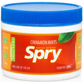Spry Xylitol Cinnamon Mints jar label—non-GMO and gluten-free option for daily use.