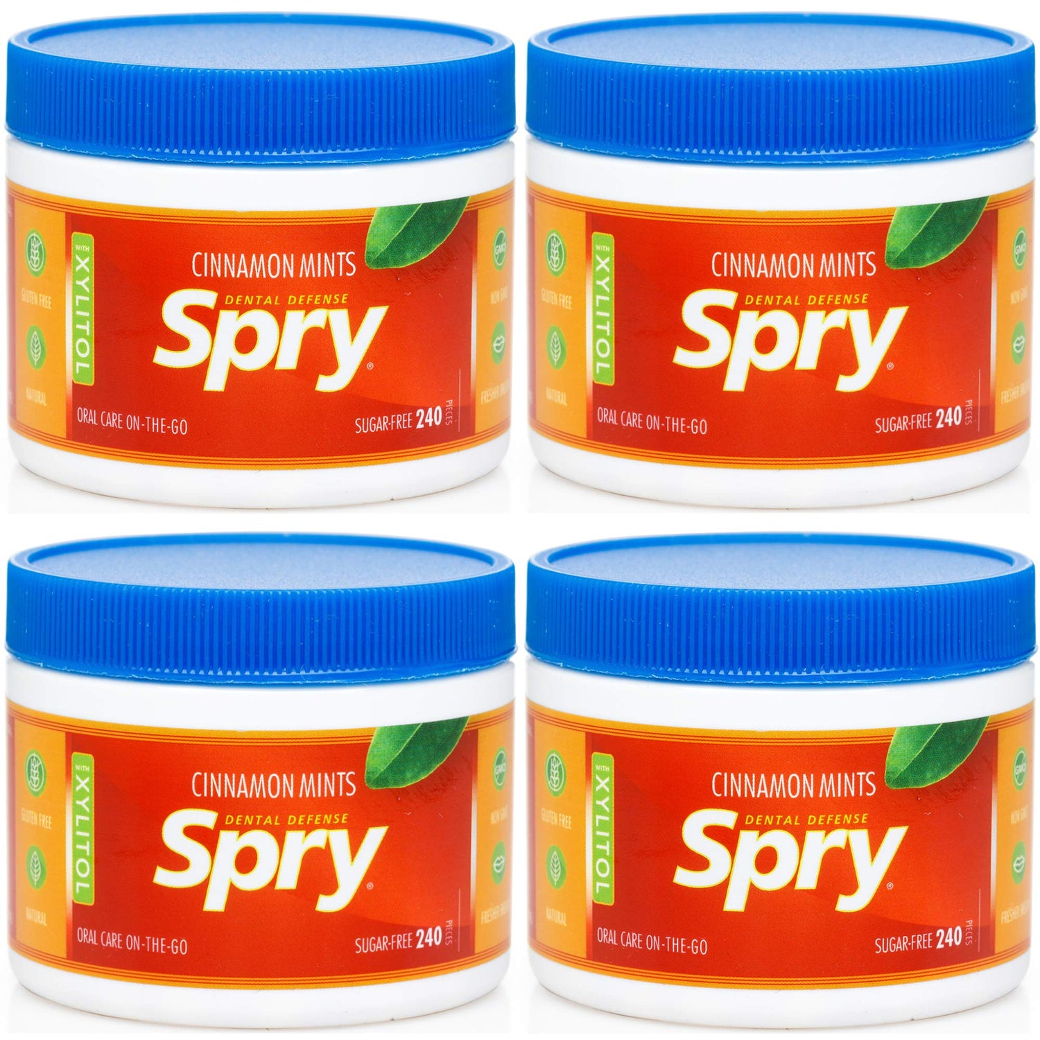 Spry xylitol cinnamon mints pack 240-count, sugar-free.