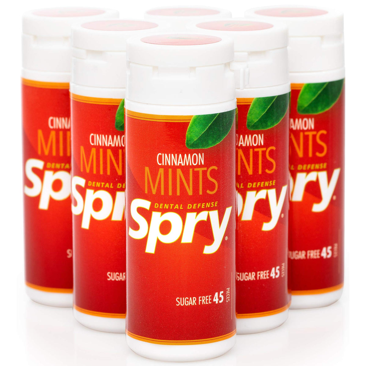 Spry Xylitol Cinnamon Mints pack shot for fresh breath and sugar-free snacking.