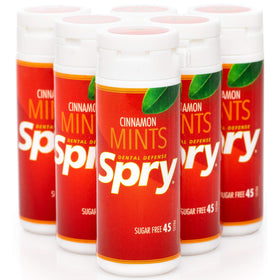 Spry Xylitol Cinnamon Mints pack shot for fresh breath and sugar-free snacking.