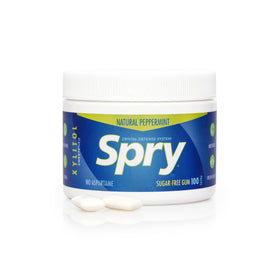 Spry xylitol gum ingredients display highlighting natural, non-GMO sweetness