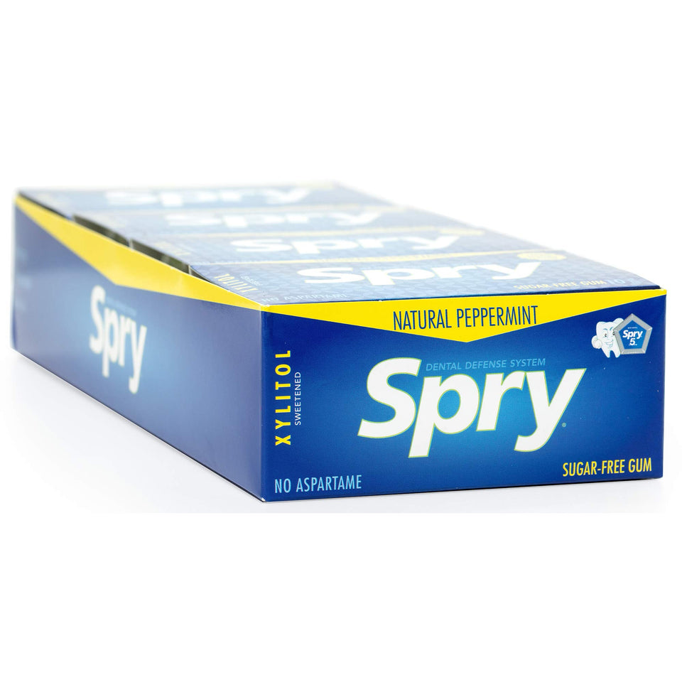 Spry Xylitol Gum packaging front view, convenient eight-pack for on-the-go fresh breath
