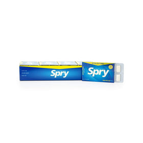 Spry xylitol gum pack of 20 blister cards highlighting non-GMO and gluten-free.