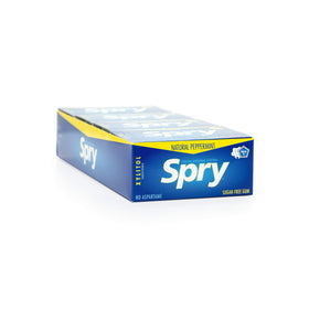 Close-up of Spry xylitol gum piece showing texture and mint aroma.