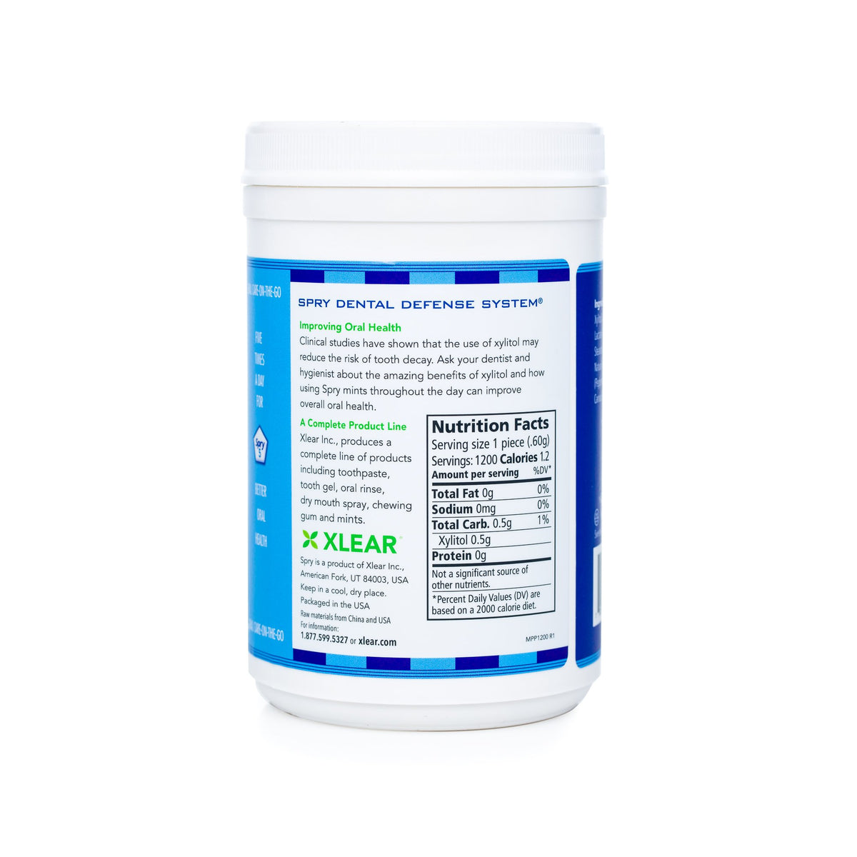 Spry Xylitol Peppermint Candy bag on table signals post-meal breath refreshment.