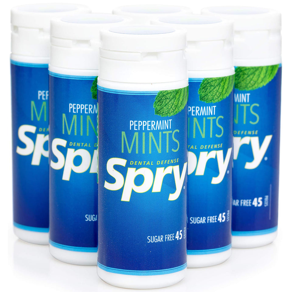 Spry Xylitol Peppermint hard candy pack on display for fresh breath after meals